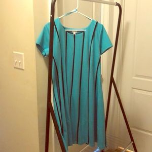 Shortsleeved Aqua blue Aline dress w/ navy stripes